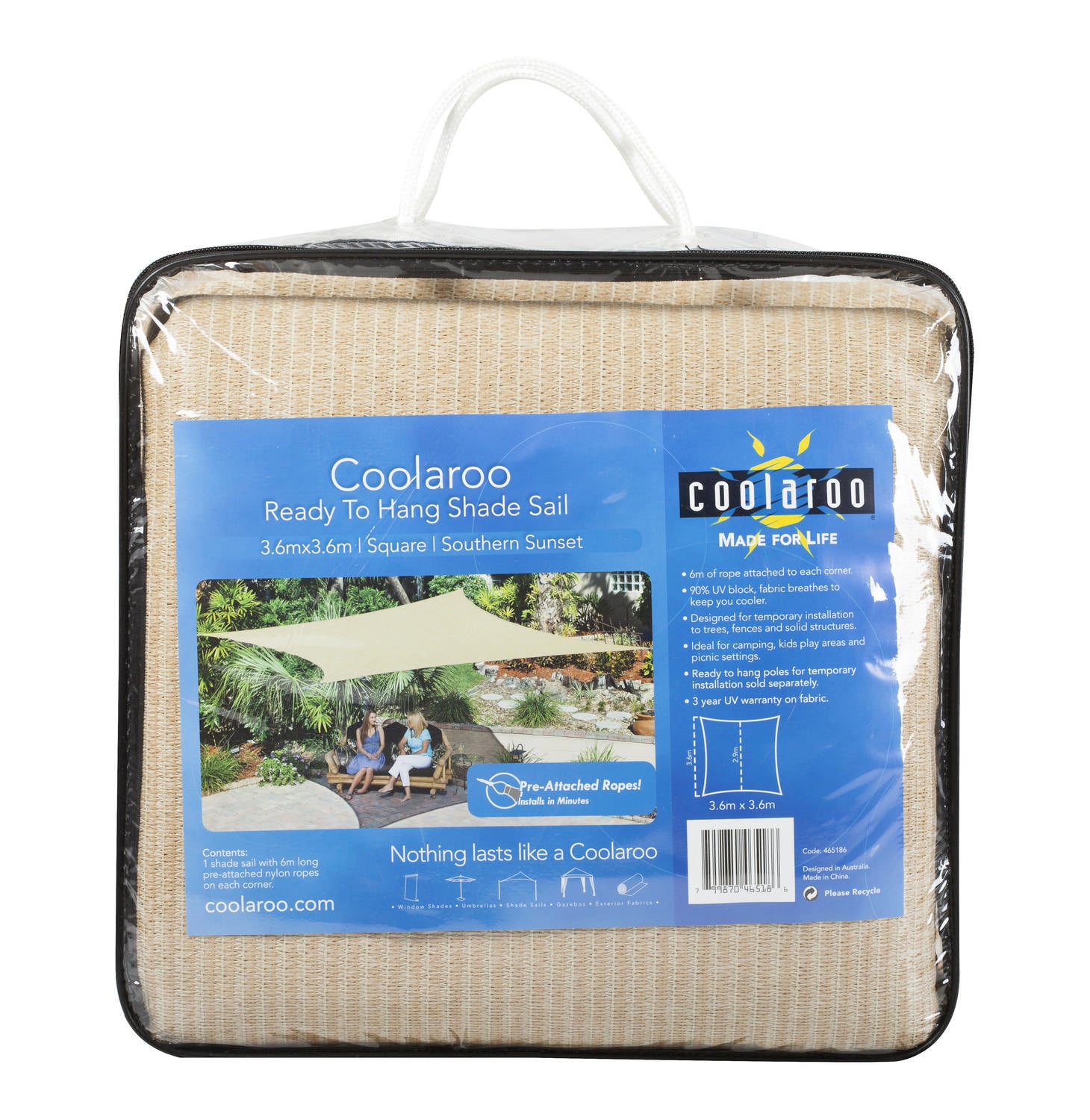 COOLAROO READY TO HANG SHADE SAIL SQUARE 3.6M X 3.6M