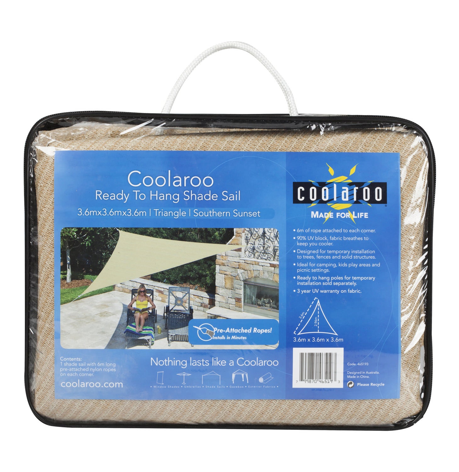 COOLAROO READY TO HANG SHADE SAIL TRIANGLE 3.6M X 3.6M